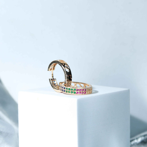 Yellow Gold Earrings Circle Shape Adorned with Many Colors